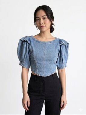 R.G. Kane NWOT Cropped Puff Sleeve Denim Blouse Medium Blue Wash Size Small